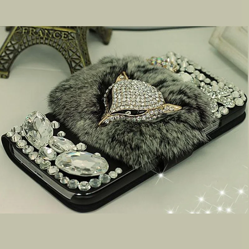 

Luxury Leather Phone Case for Samsung Galaxy S24 S23 S22 S21 Ultra Rabbit Fur Flip Cover Wallet Book Shell Bling Fox Case