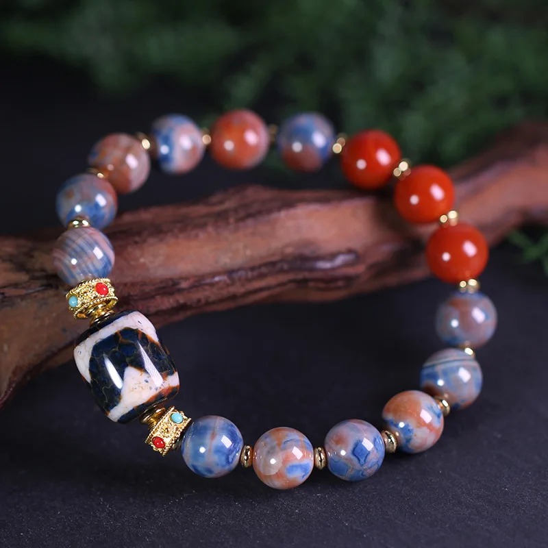 Natural Tibetan Genuine Old Mine Raw Stone Agate Tiger Tooth Dzi Bead Gemstone Bracelet, approximately 14x16mm