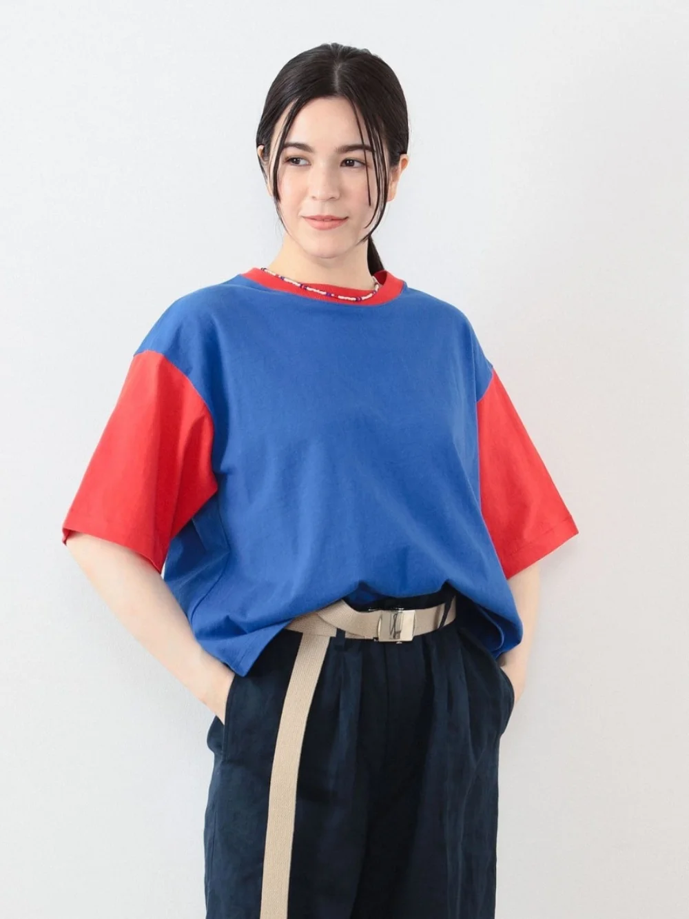 

Summer New Loose Fit round Ne ort Sve Spliced T-irt y Sle Women's Top Bright Color Blo Cotton Tee