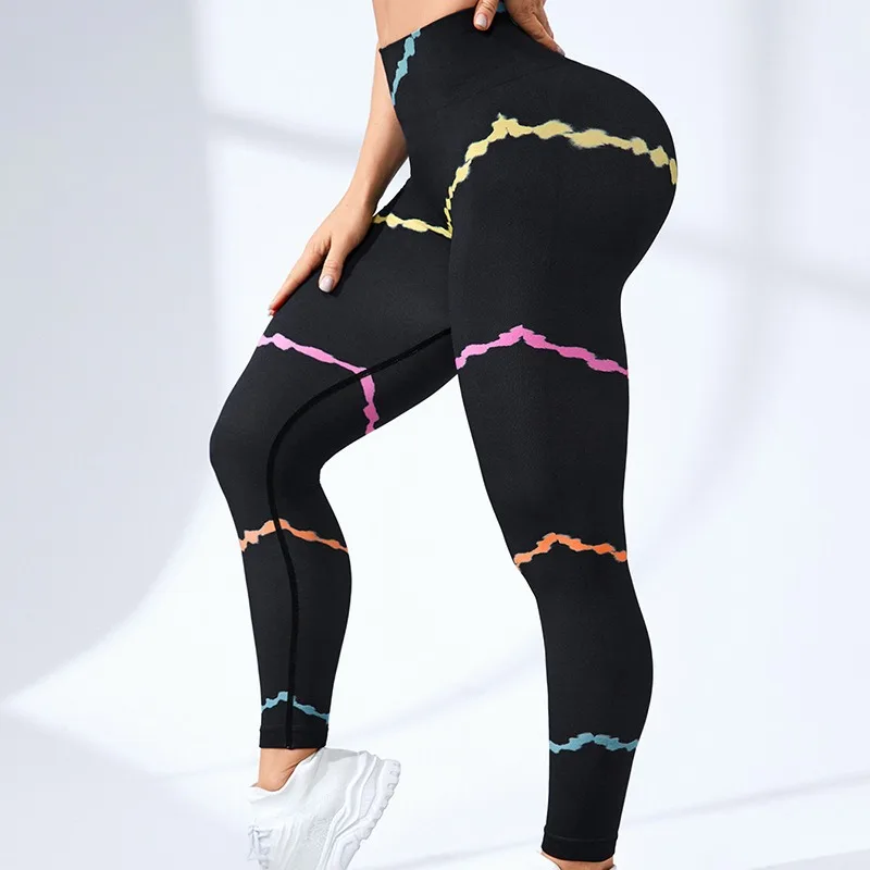 Women Colored Stripes Leggings Nylon High Waist Tights Gym Sports Running Seamless Butt Lift Fashion Slim Yoga Fitness Pants