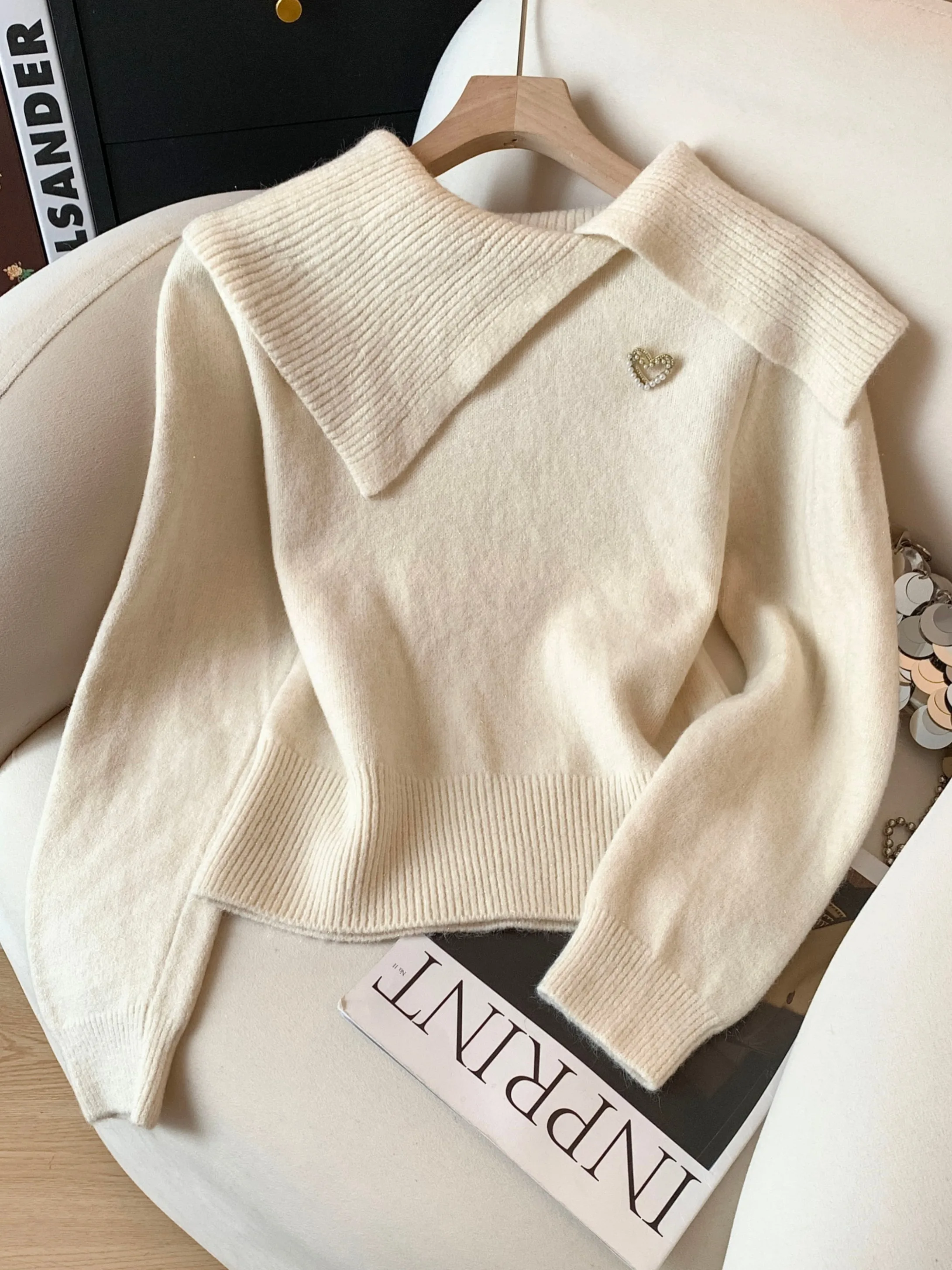 

Korean Sle Thiened Large Collar Sweater Women's Spring Autumn High End Sensation Super Beautiful Unique Lovely Knitwear Top