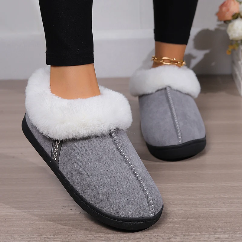 2026 Winter Warm Fur Indoor Home Slippers Women Faux Suede Closed Toe Couple Slippers Woman Comfort Soft Sole House Shoes Slides