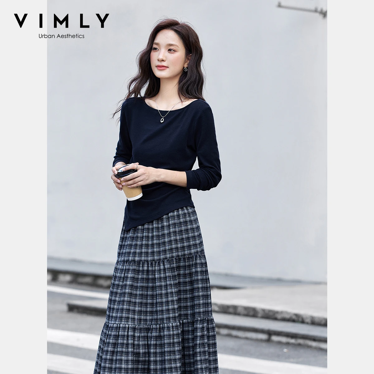 

VIMLY Women New Two Piece Skirt Set Autumn 2025 Casual Knitted Slim Slash Neck Tees Plaid Midi Skirts New in Matching Sets A2887