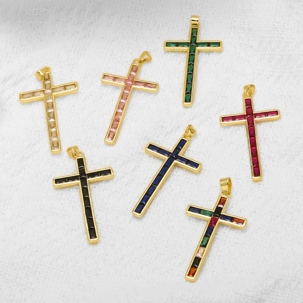 OCESRIO Cystal Cross Charms for Necklace Rainbow Emerald Gold Plated Copper Crucifix Pendant Jewelry Making Supplies pdtb922
