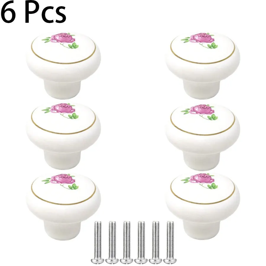 6 Pcs 1-1/2 Inch Hand Painted Ceramic Handles, Kitchen Cabinet Drawer Knobs, Dresser Pulls (Pink Rose).