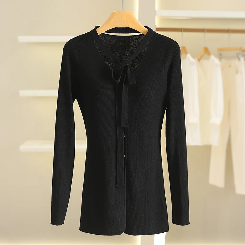 سليم صالح لون نقي محبوك سترة مفتوحة المرأة Faion تخفيف Sle زر واحد التعادل الخصر الخامس Ne Long Sve سترة #4