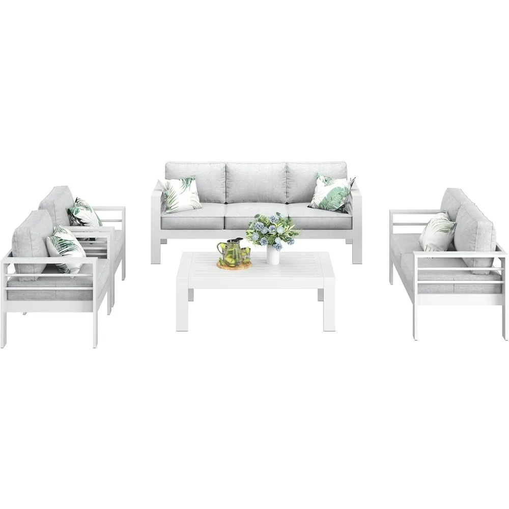 Outdoor Aluminum Furniture Set, 5 Pieces Patio Sectional Conversation Chat Sofa Modern Seating Set with Coffee Table