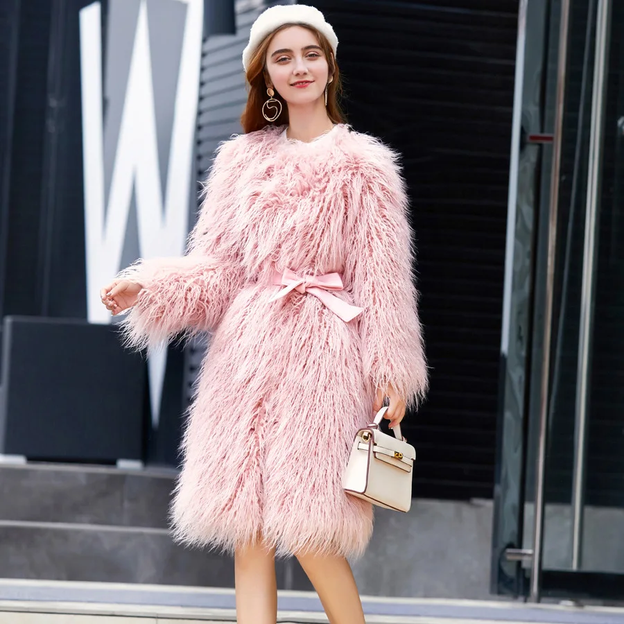 2022 Winter Women Long Elegant Faux Sheep Fur Coat with Belt Female Luxury Fluffy Pink Artificial Fur Jacket Outerwear