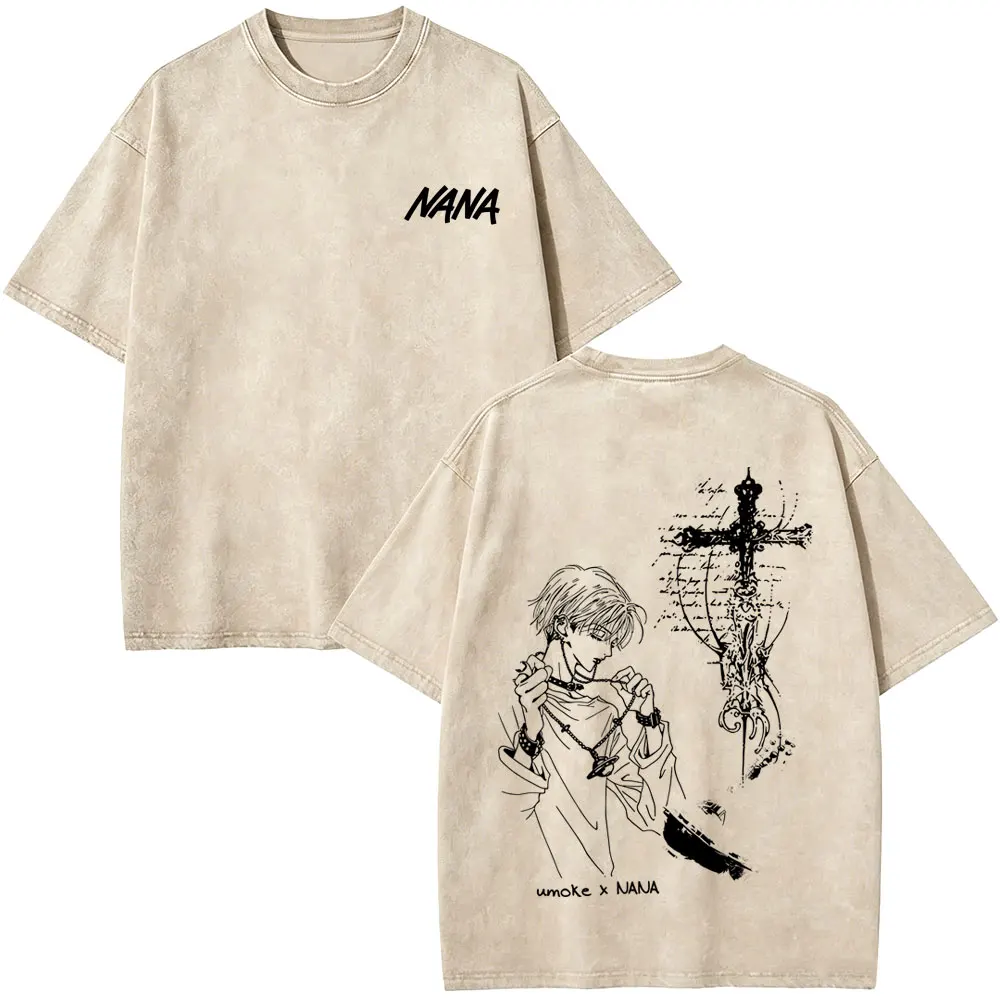 Washed Vintage Anime Black Stones Nana T-shirt Men's Women Clothing Manga Y2k Gothic Rock T-shirts Unisex 90s Oversized T Shirts view 4