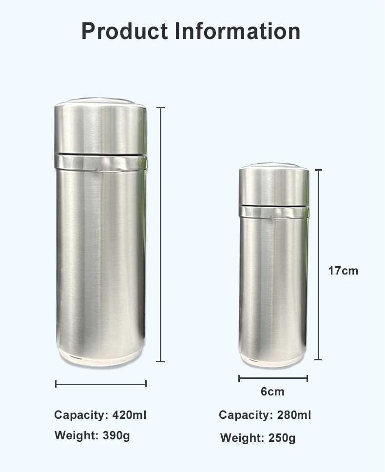 250/420ml 실버 스테인레스 스틸 알칼리성 물 컵 필터 컵 캡 부착 휴대용 스테인레스 스틸 물병 보온병