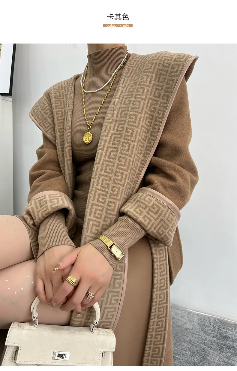 Women's fashion temperament wool print double-sided hooded design sense lapel belt mid-length woolen coat