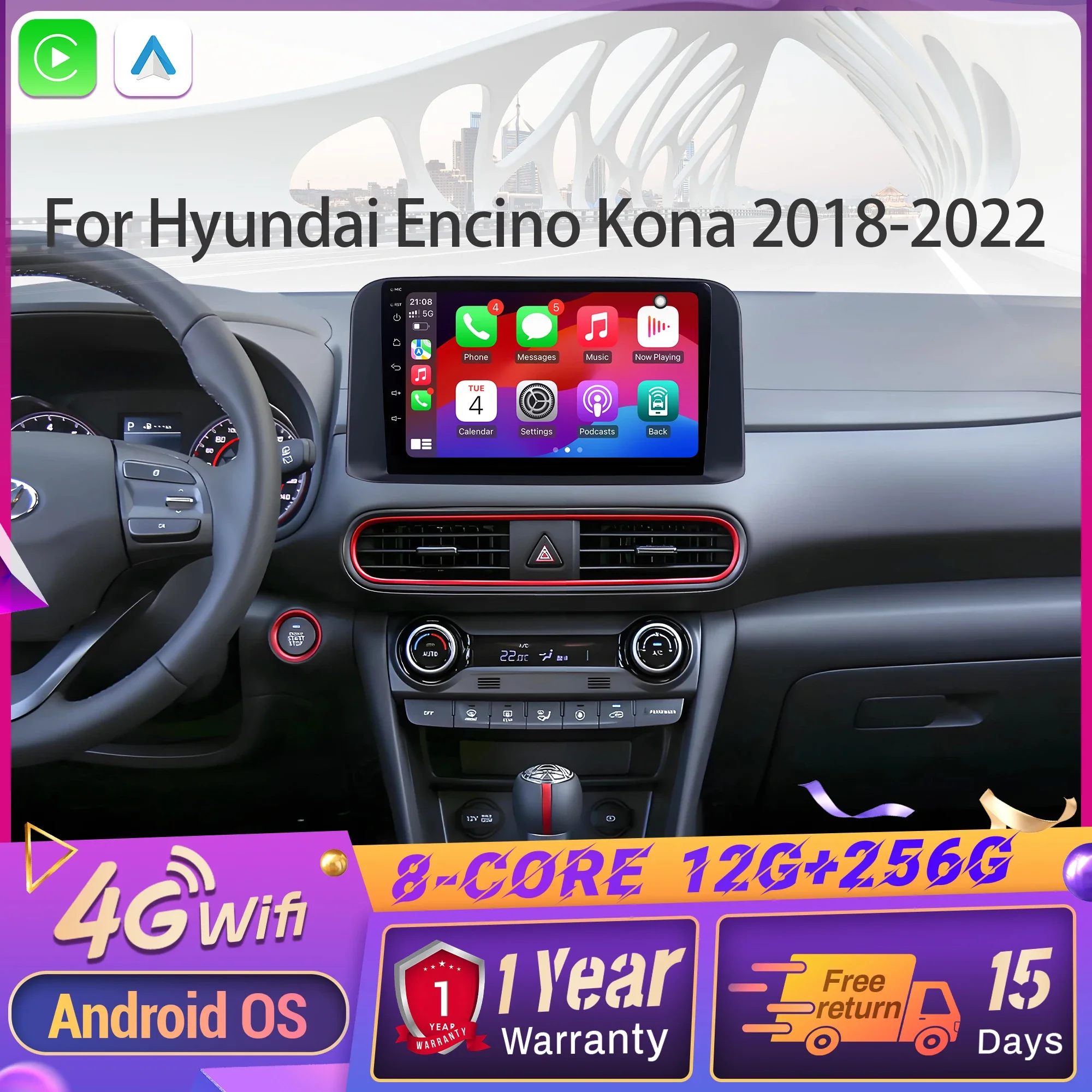 

Автомобильное радио Android 14, для Hyundai Encino Kona 2018-2022, беспроводной BT Carplay, Android Auto, мультимедийная навигация, сенсорный экран