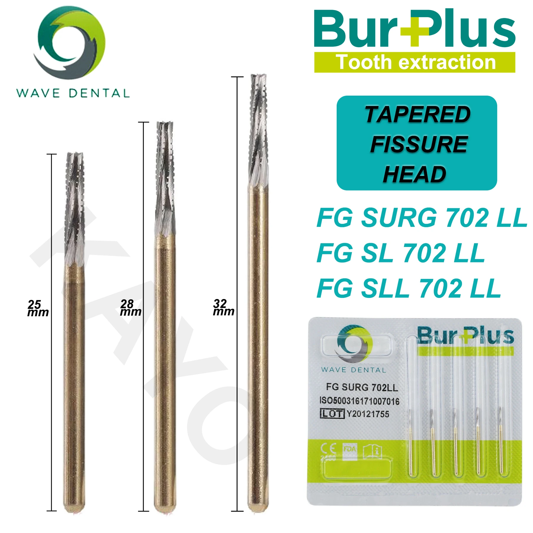 WAVE Dental Extraction Bur Carbide Drill Bits Dentistry Strawberries FG Length 25mm/28mm/32mm for High Speed handpiece 5Pcs/pack