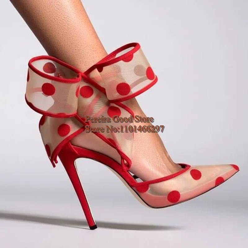 

Red Black Mesh Bow Polka Dot Pumps Pointed Toe Thin Heels Big Butterfly Ankle Strap Women Evening Party Dress Shoes 12CM
