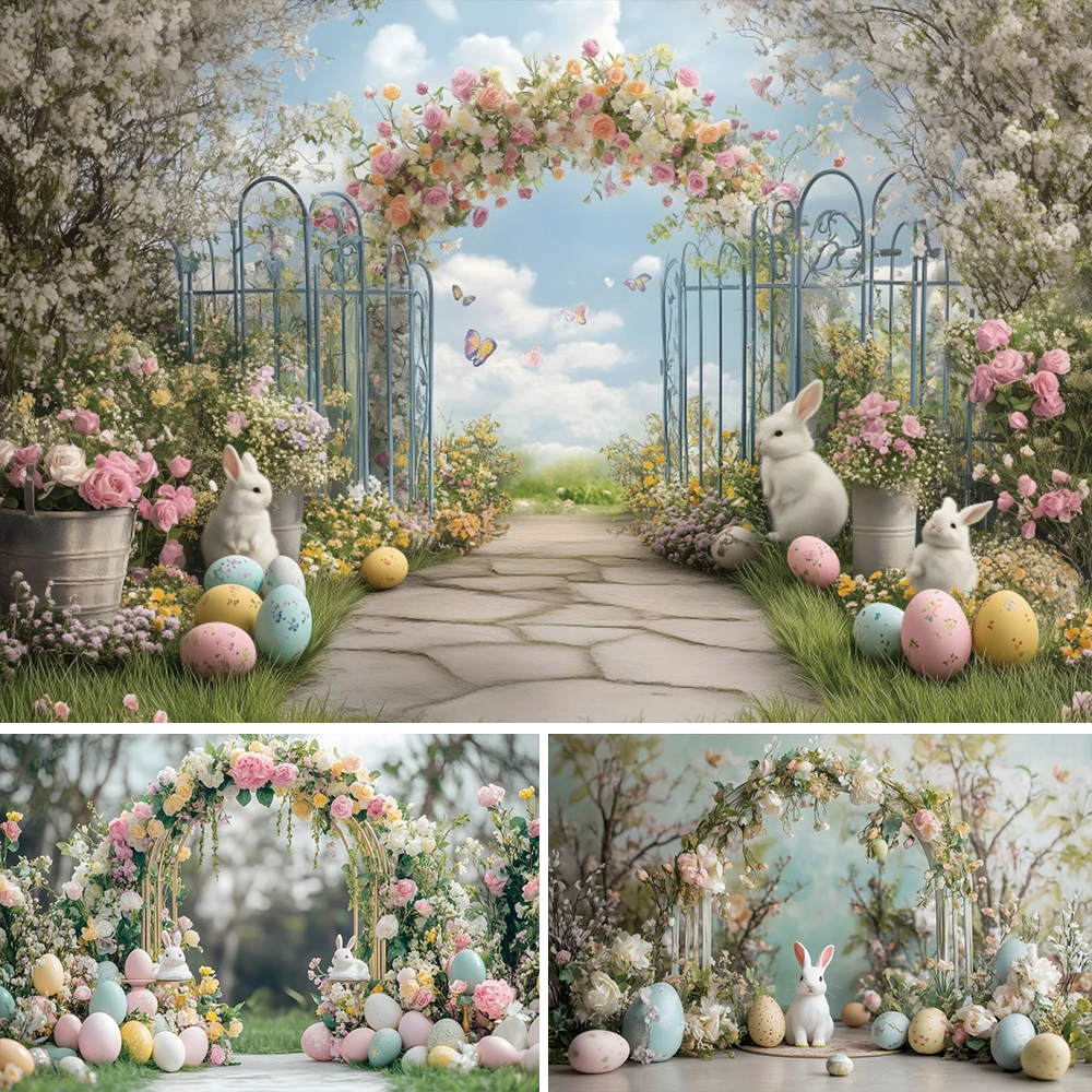 أرنب عيد الفصح خلفية عيد الفصح الأرنب الملونة البيض سياج الربيع حديقة التصوير خلفية عطلة الصورة استوديو تبادل لاطلاق النار