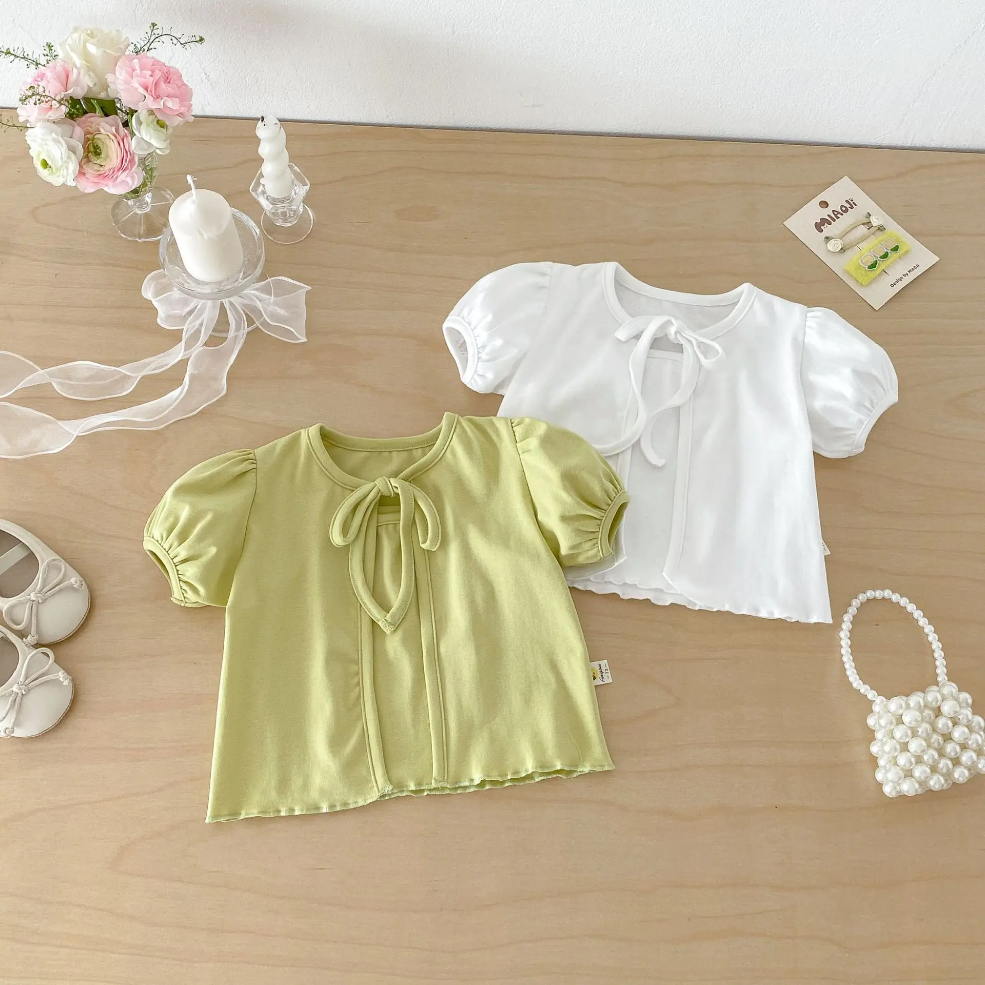 

2026 Summer New Girls Simple Sling Vest + Short Sleeve Cardigan 2pcs Suit Solid Baby Girl Sweet Tops Set Toddler Cotton Clothes