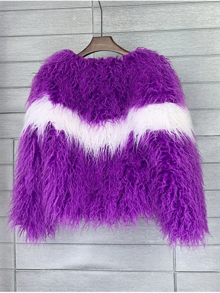 New Autumn European Fashion Fluffy Fake Fur Jacket Cardigan Winter Coat Women Contrast Color Faux Mongolia Sheep Fur Coat