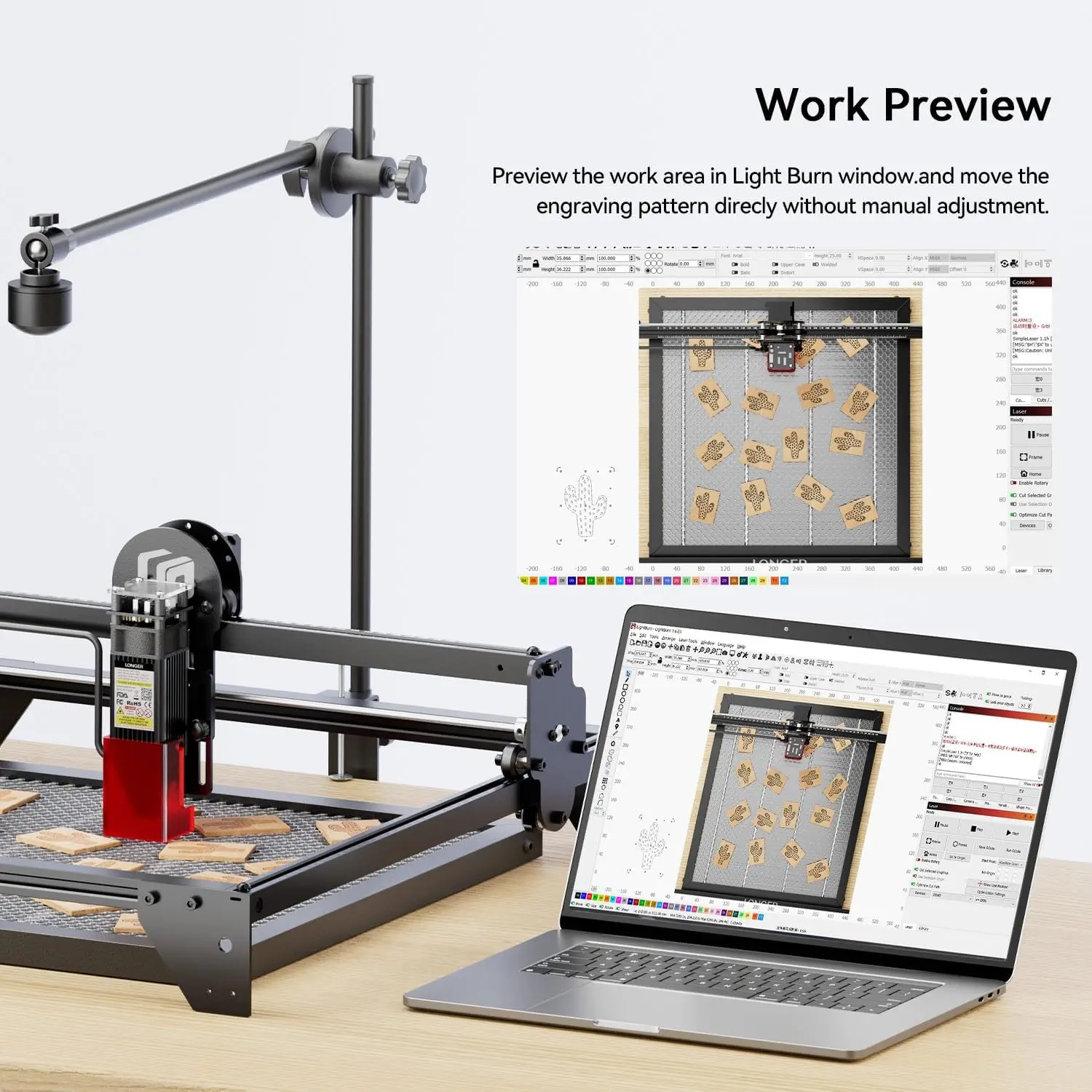 حفارة ليزر أطول RAY5 بقدرة 10 وات مع مساعدة هوائية وكاميرا LightBurn، وتحديد المواقع والتقاط التلقائي، وقاطع ليزر عالي الدقة