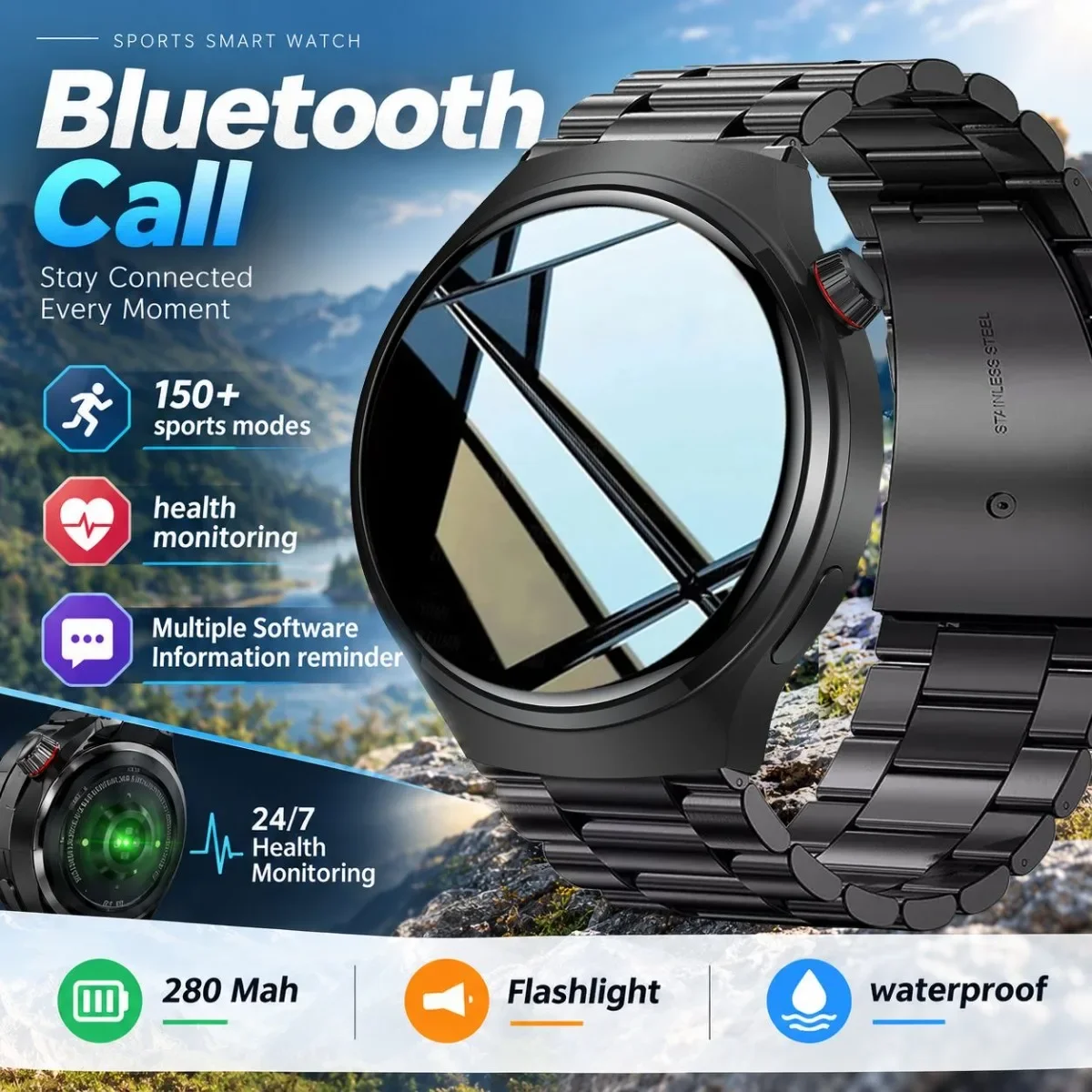 Sports Smart Watch Men:1.53 AMOLED HD Screen 150+ Sports Mode Heart Rate Bluetooth Call IP68 Waterproof Android IOS SmartWatch