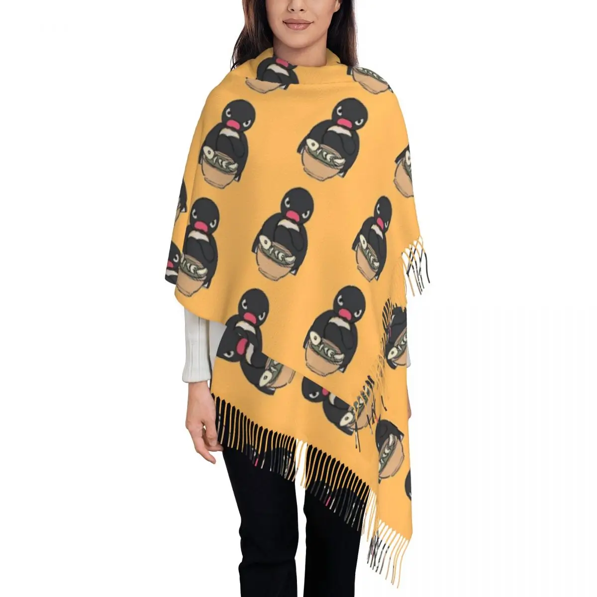 Sulking Penguin With His Meal Meme Shawls Wraps for Ladies Warm Long Soft Scarf Angery Pingu Pashminas Tassel Scarves