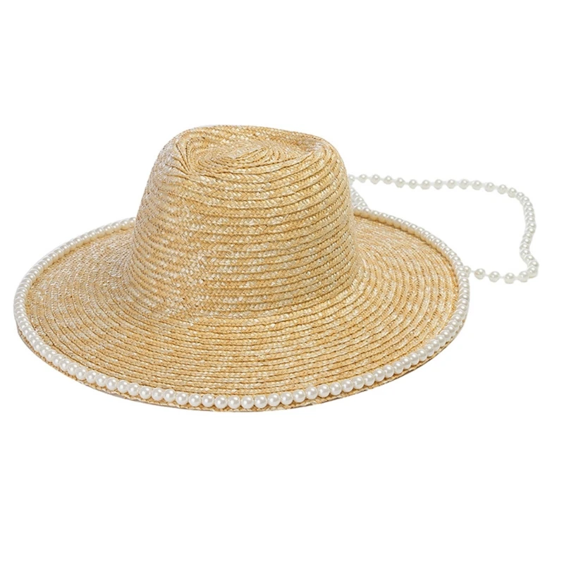 

Women's Wheat Straw Sunhat with Pearls Floppy Summer Hat Roll up Wide Brim Beach UV for Protection for Sun Hats