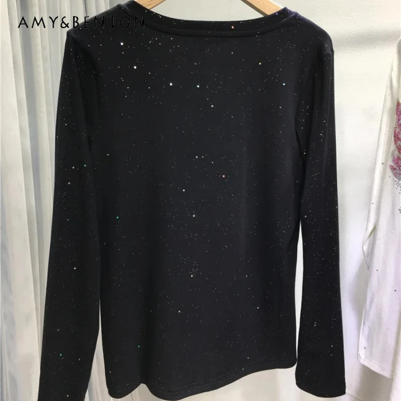 

Футболки с длинными рукавами, осенний новый топ Y2k, рубашка со стразами, женские универсальные утягивающие футболки с v-образным вырезом и бабочкой, облегающие футболки