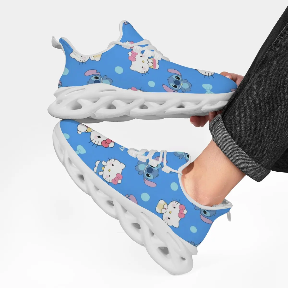 

Blue Cartoon Hello Kitty Stitch Fleece Lined Sneakers Winter Warm Casual Shoes Round Toe Sports Running Sneakers Men Women