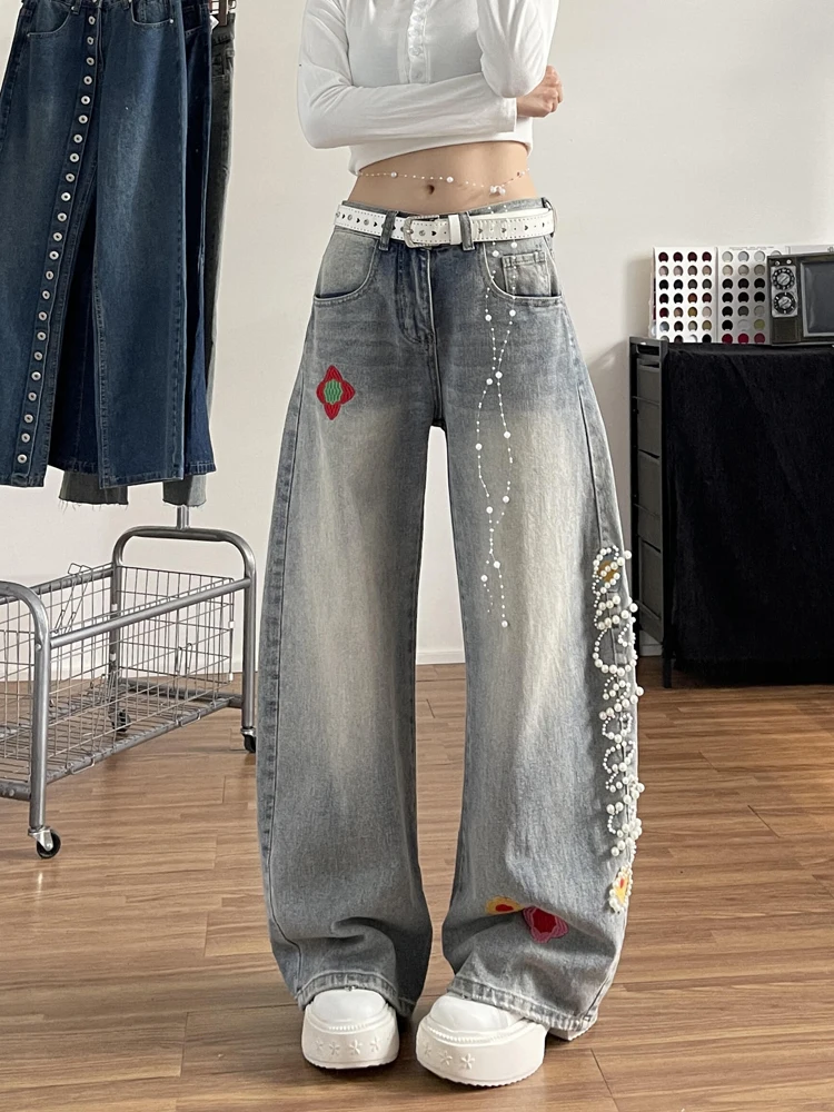 Retro American Floral Embroidery Sequin Knife  Wide Leg Jeans Women's Design Sensation Washed Loose Slimming Floor Length...