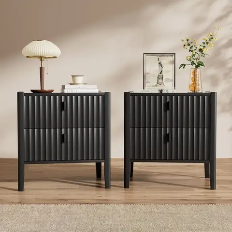 Set Of 2 Nightstands Solid Wood Leg End Table Bedside Table Drawers Metal Handles Bedroom Black