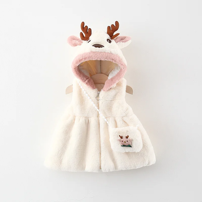 Children\'s Winter Coat Cartoon Elk Hooded Sleeveless Coat Tank Top Thickened Fur Vest Warm Jacket Free Bag