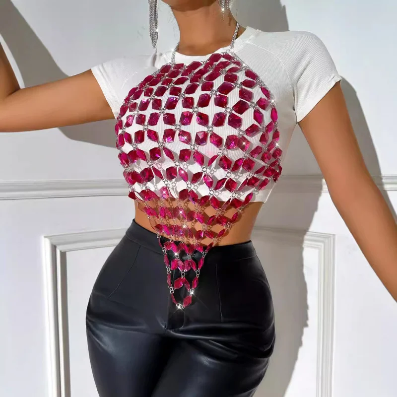 

Украшения для тела, сексуальный бюстгальтер-цепочка для бикини, день рождения, вечеринка, танец, горячая, всего ручная работа, акрил, ажурный бюстгальтер с лямкой на шее