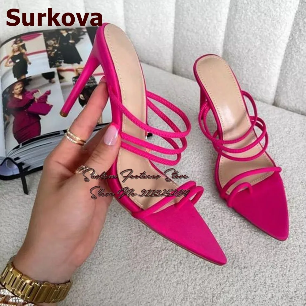 

Surkova Fuchsia Pink Satin Fabric High Heel Sandals Clip Toe Thin Strappy Modern Slippers Elegant Banquet Shoes