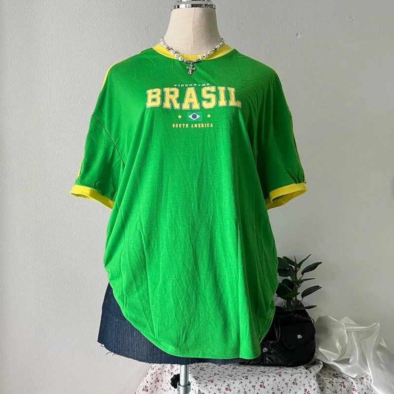 Brazil Letter Print Green T-shirt Women Summer Harajuku Casual Short Sleeve Y2k Crop Top Grunge Aesthetic Streetwear Sexy Tees