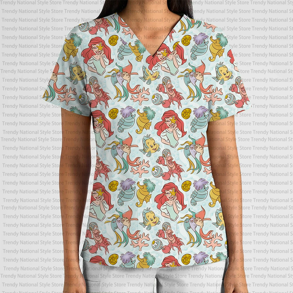 New Women's High Quality Disney Cartoon Mermaid Print Work Uniform V-Neck Pocket Scrub Top Dental Pet Shop Versatile T-Shirt