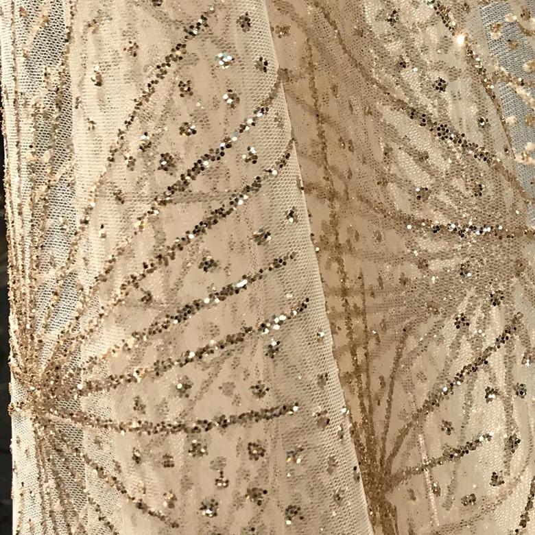 Foil Stamping golden sequin mesh fabric firework pattern sewing wedding dress and evening gown, stage performance fabric