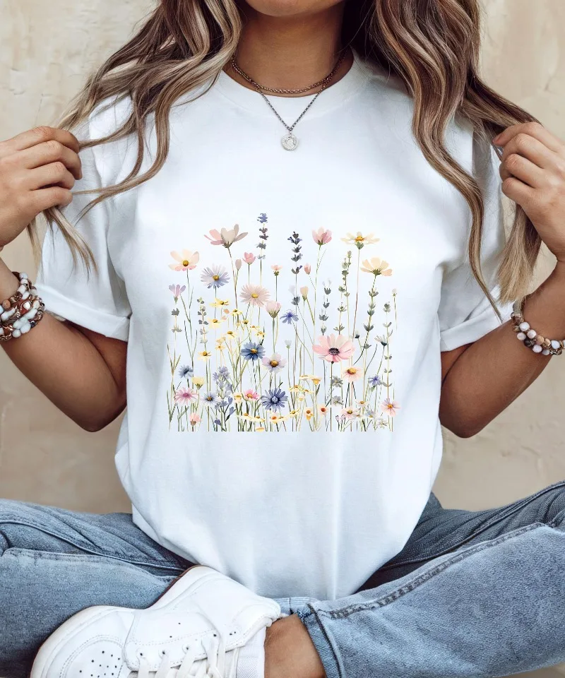 Unisex Summer Wildflower Graphic T‑Shirt Vintage Meadow Floral Print Short Sleeve Casual Loose Soft Cotton Streetwear Tee Top