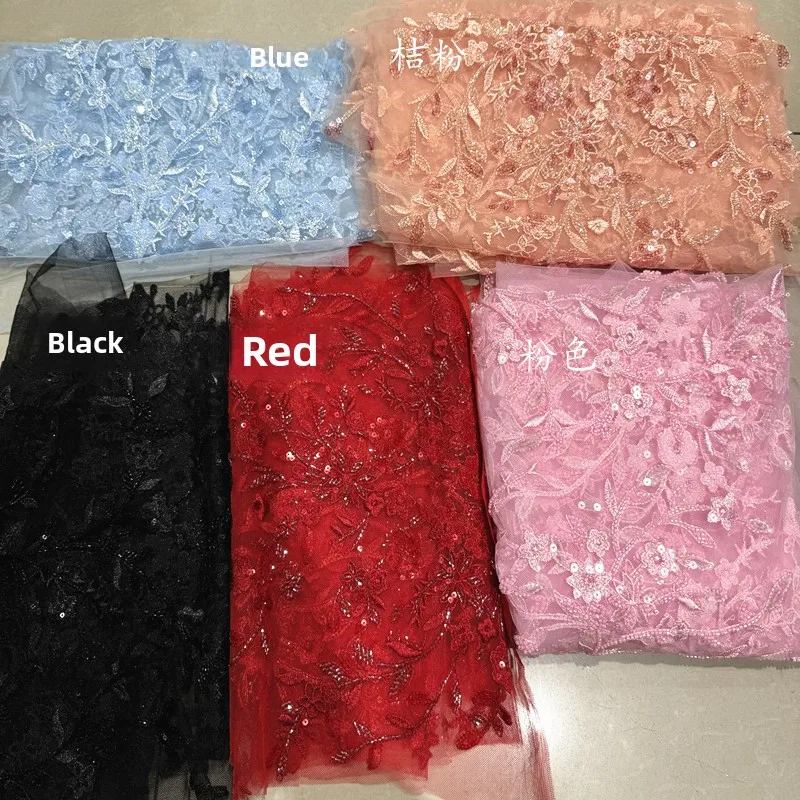 

Large Flower Lace Embroidery Nail Bead Fabric for Exquisite Gauze Wedding Dress Set Headveil Design Cloth Diy Sewing Material