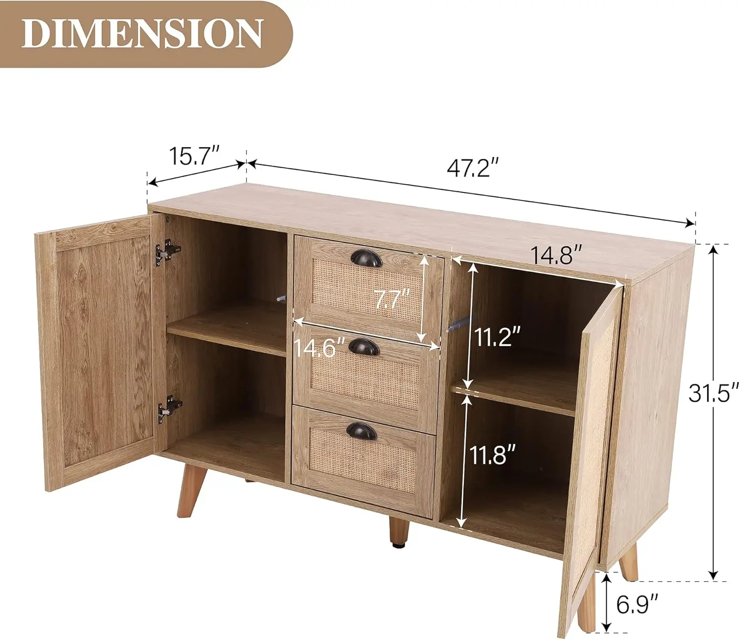 Rattan Cabinet - Sideboard Buffet Cabinet/Accent Cabinet with Doors and Drawers, Rattan Console Table