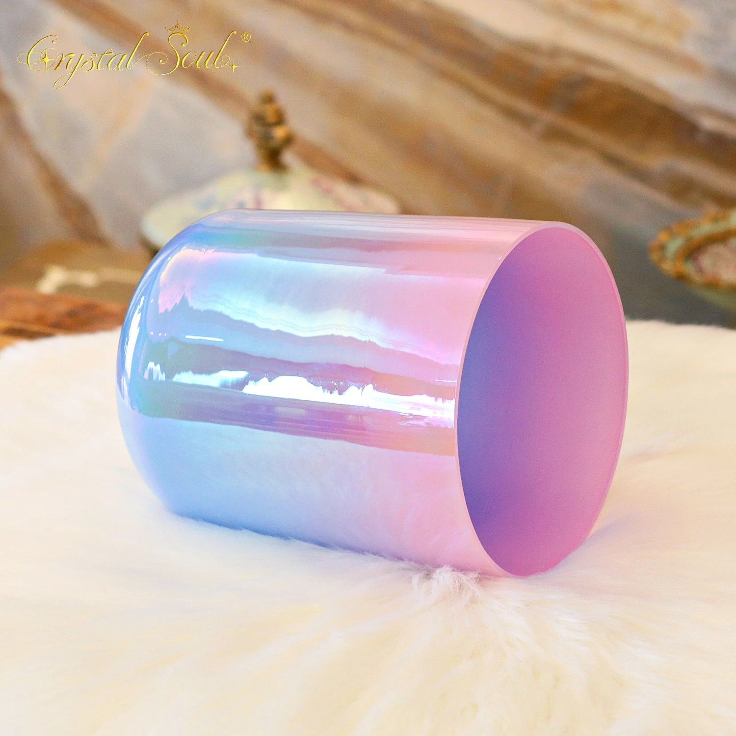 CrystalSoul 432Hz Pink Ocean Powder Blue Gradient Clear Alchemy Crystal Bowl with Accessories