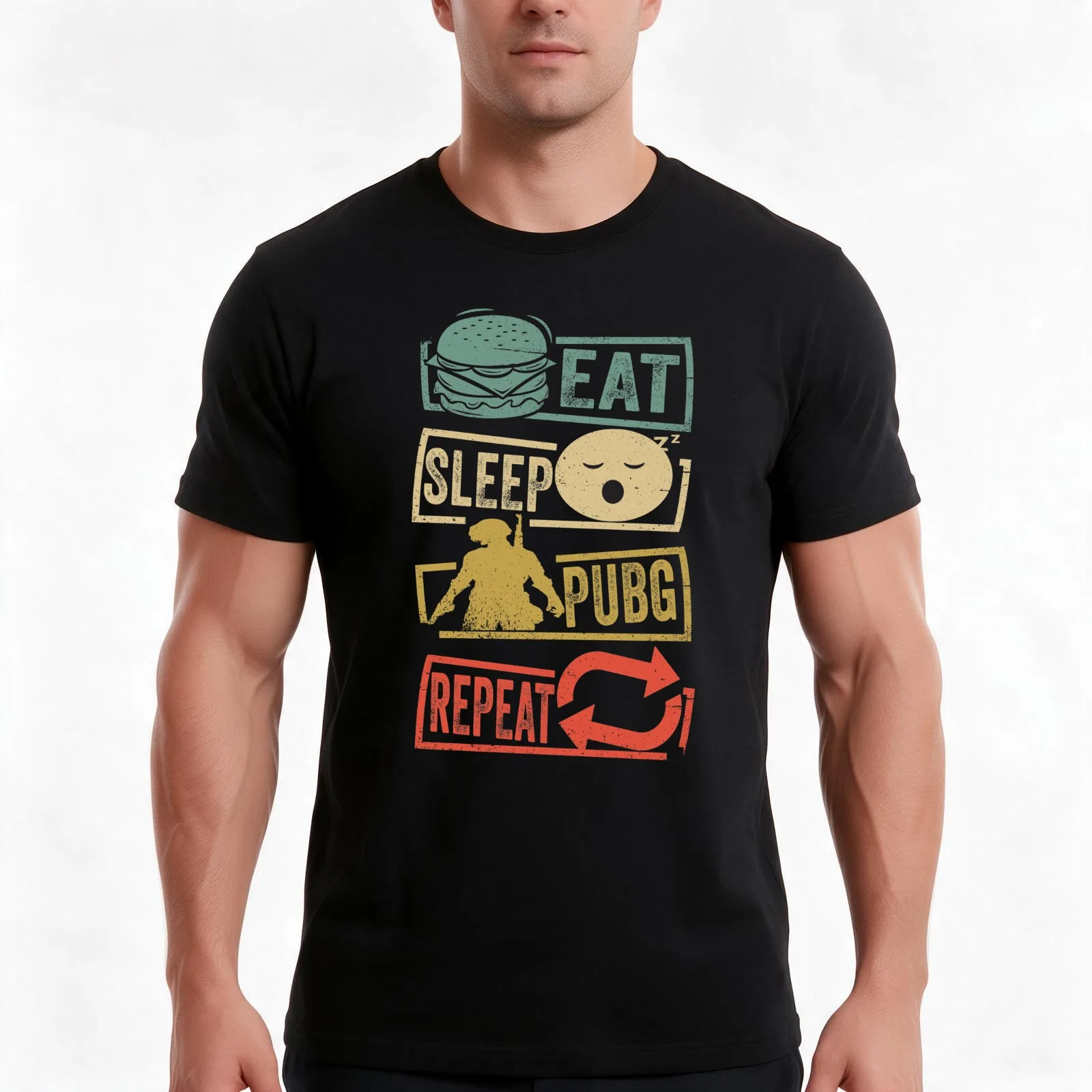 Eat Sleep Pubg Repeat retro video game T-Shirt, Summer Casual Cotton Tee, Oversized Streetwear Tops, Vintage Graphic Print