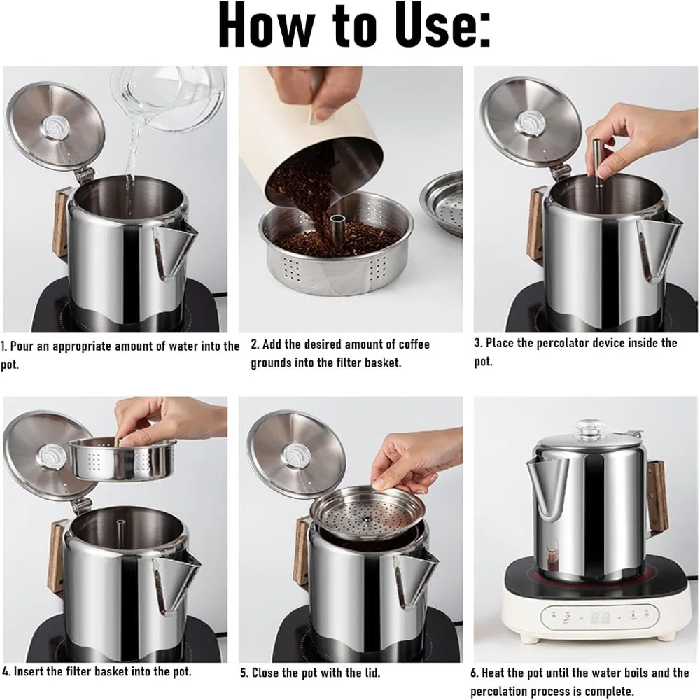 9 Cup Capacity Camping Percolator Coffee Pot Removable Lid Wood Handle Camping Coffee Pot Stainless Steel Material