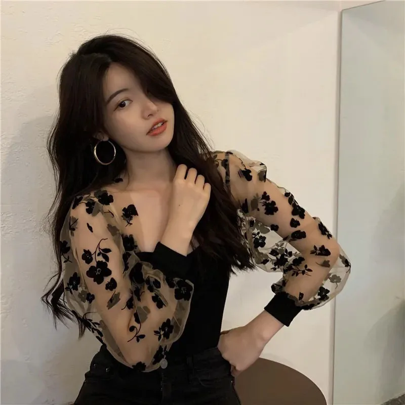 Zoki Sexy Mesh Patchwork Blouse Women Long Sleeve Print Cropped Elegant Shirts Korean Fashion Fall Slim Square Collar Sweet Tops