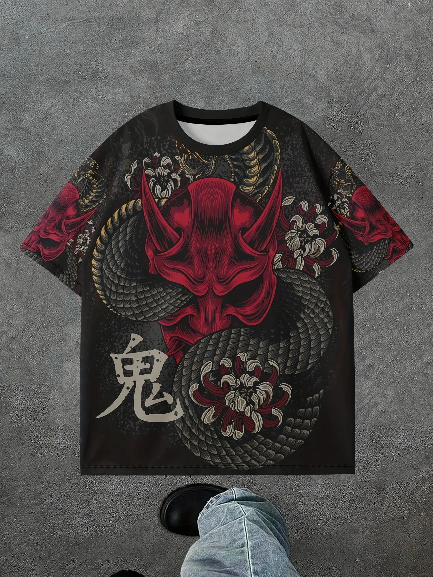 Men's T-shirt Japanese Oni Mask Dragon Tattoo Graphic Oversized Harajuku Streetwear Gothic Punk Summer Casual Unisex T‑Shirt