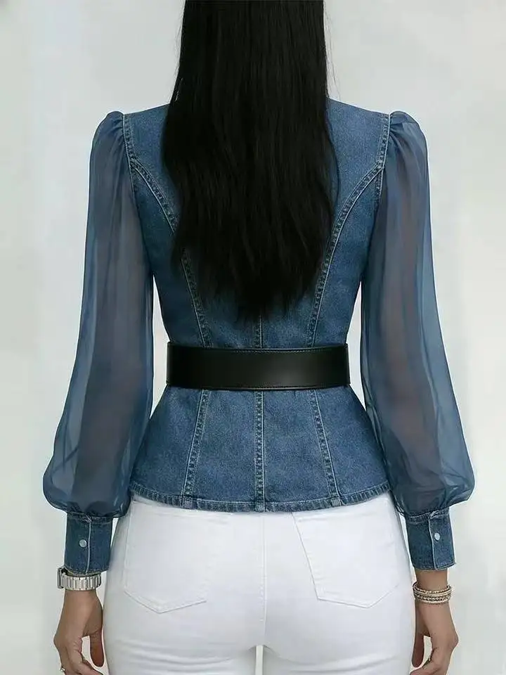 Vintage Deep V-Neck Wrap Denim Patchwork Sheer Chiffon Long Sleeve Blouse With Belt