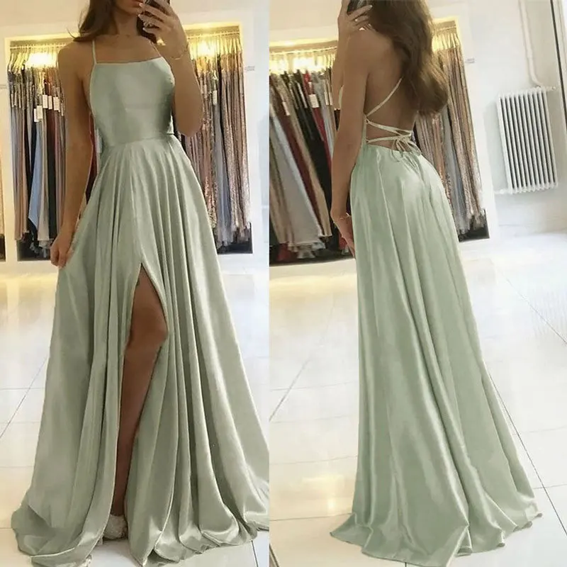 Mint Green Satin Prom Dress Long Spaghetti Strap Elegant Backless Summer A-line Maxi Evening Party Gown Women Vestidos