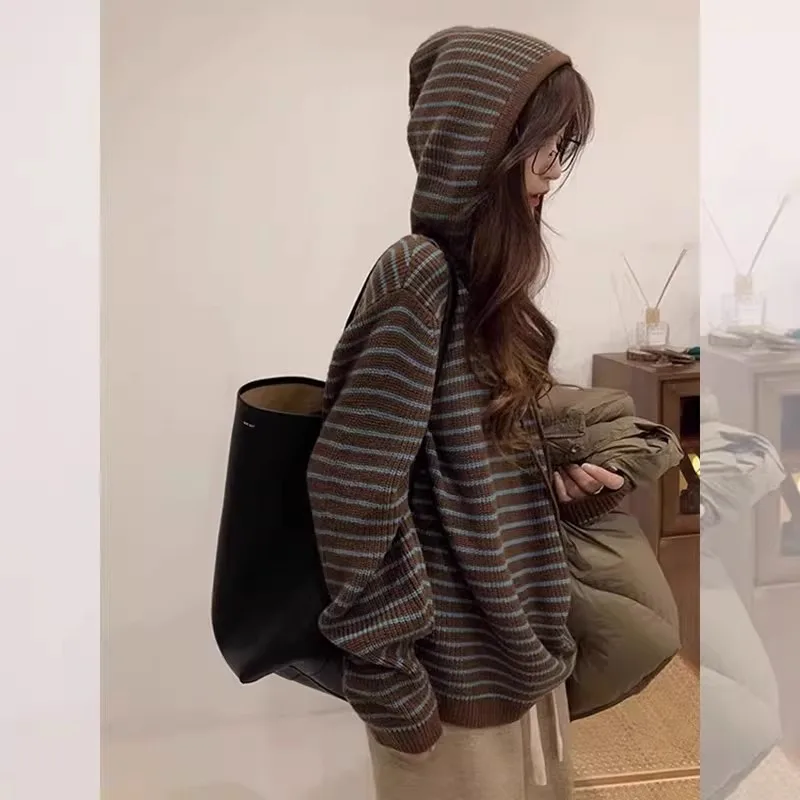 2025 Autumn and Winter Korean New Loose Soft Waxy Knitted Hooded Striped Versatile Sweater Jacket Women's Top