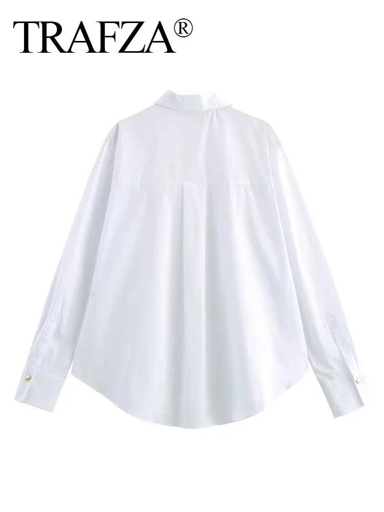 TRAFZA Woman Spring Gold Button Decoration Single-breasted Shirts Top Women Elegant Solid Turn-down Collar Long Sleeves Blouse