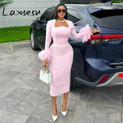 Laxsesu Girls Pink Sweet Dresses Square Neck Long Feather Sleeves Autumn Bodycon Dress Elegant Party Evening Midi Dress 2024