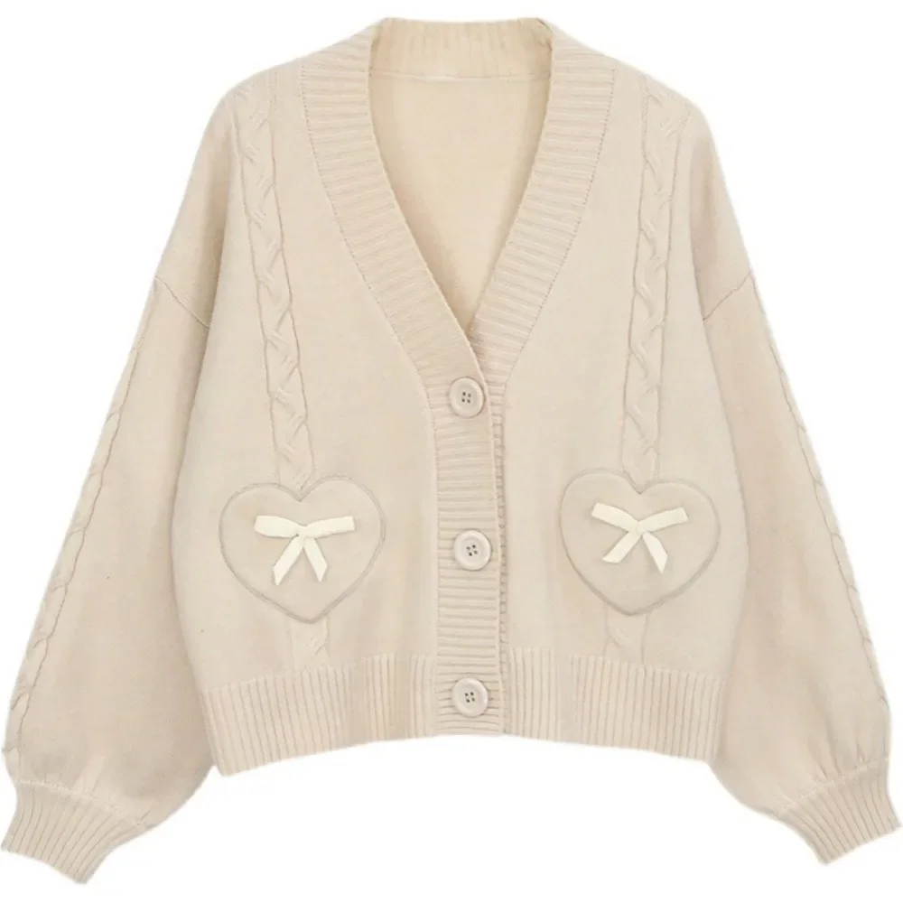 Women Knitted Cardigan Long Sleeve Single Breasted Bow Decoration Sweet Girls V-neck Kawaii Tops Autumn Korean Style Harajuku