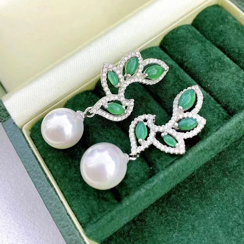 S925 Silver Leaf Shape Stud Earrings with 10-11mm Large White Natural Baroque Edison Pearls Green Zirconia Wedding Party Jewelry